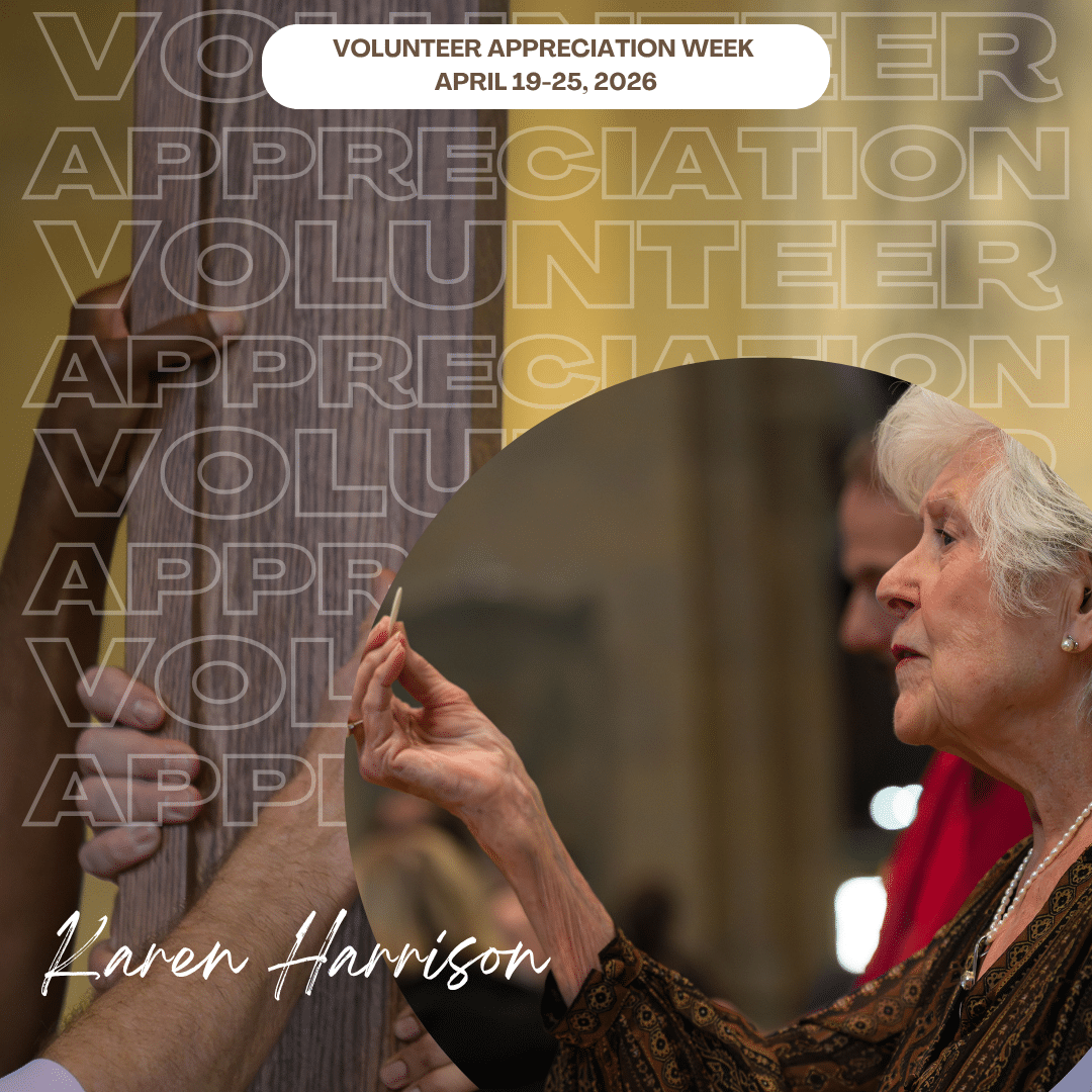 Banner for Volunteer Appreciation Week with an elderly woman touching a wooden post; repeated 'VOLUNTEER APPRECIATION' text overlays and a white badge reading 'Volunteer Appreciation Week April 19-25, 2026', plus a signature 'Karen Harrison'