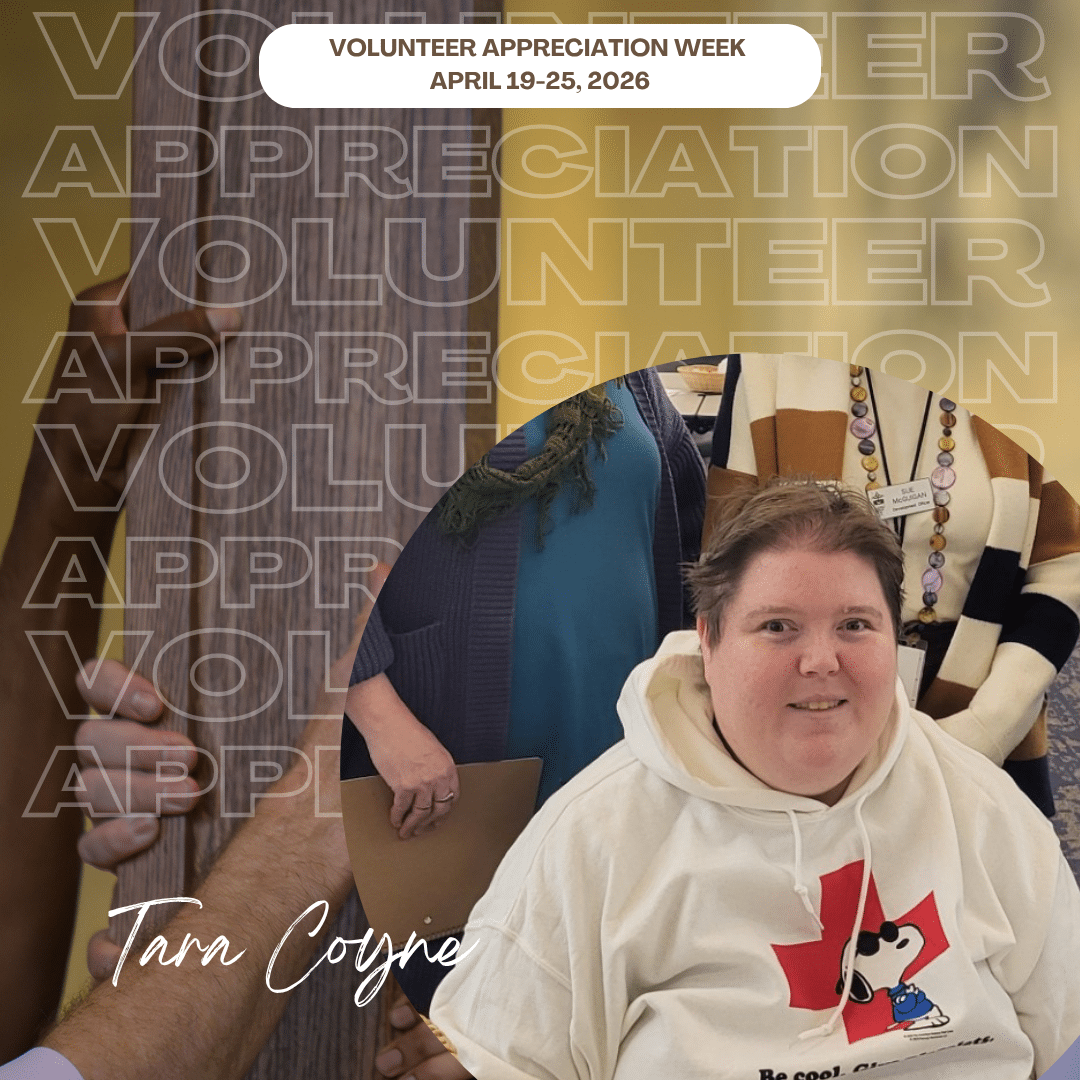 Smiling person in a white hoodie with a red maple leaf graphic; collage background with volunteers and a banner reading 'Volunteer Appreciation Week'.